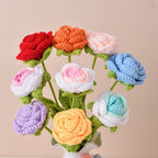 Handmade crochet roses and tulips jewelry accessories by Arenzza featuring colorful floral designs.