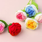 Handmade crochet roses and tulips jewelry accessories in vibrant colors, crafted by Arenzza, featuring detailed floral designs.