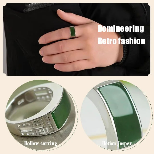 Adjustable Hetian jade ring for men and women, jewelry accessory by Arenzza, featuring smooth, polished green jade stone on a silver band.