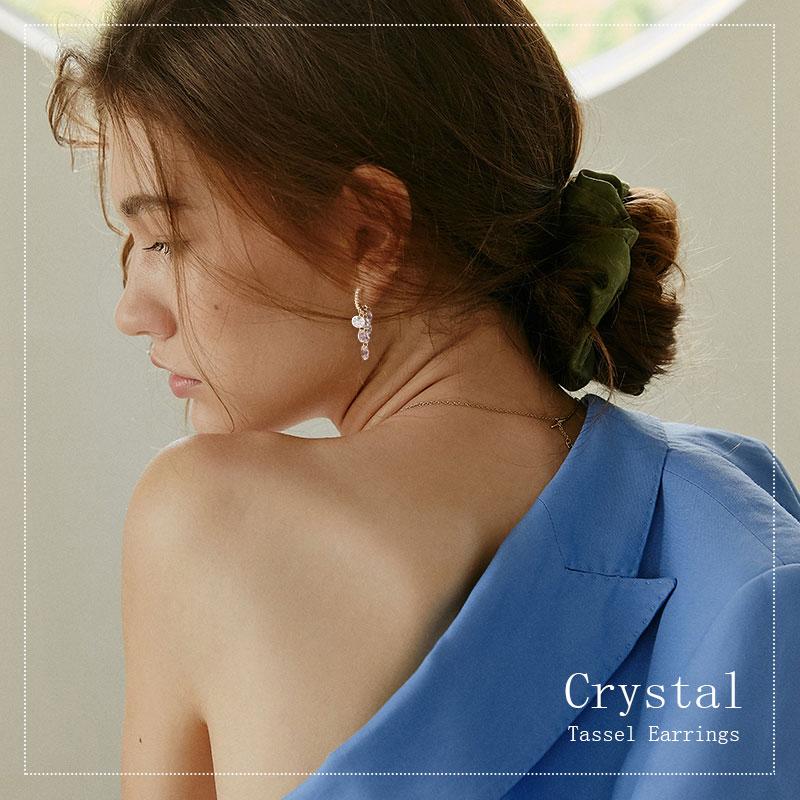 A pair of Arenzza crystal tassel earrings featuring dangling clear crystal beads and silver hooks, elegant jewelry accessories.