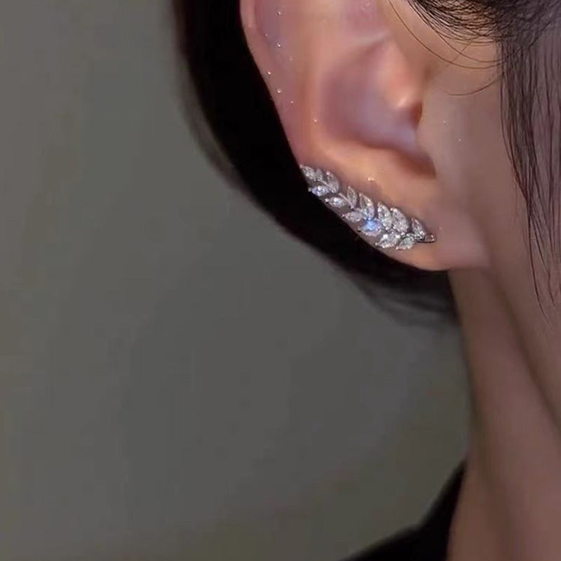 A pair of elegant leaf-shaped stud earrings from Arenzza jewelry accessories, featuring intricate leaf design on a shiny metal surface.