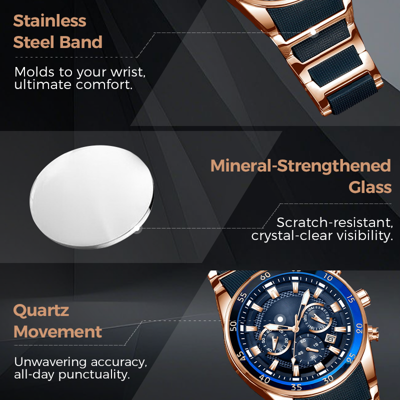 A men's Arenzza high-end business quartz multifunction watch with a sleek silver dial and stainless steel band.