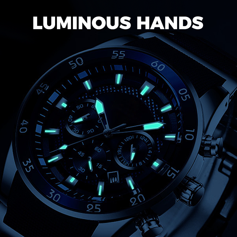 A men's Arenzza high-end multifunction quartz watch with a sleek design, silver dial, and metal strap, suitable for business accessories.