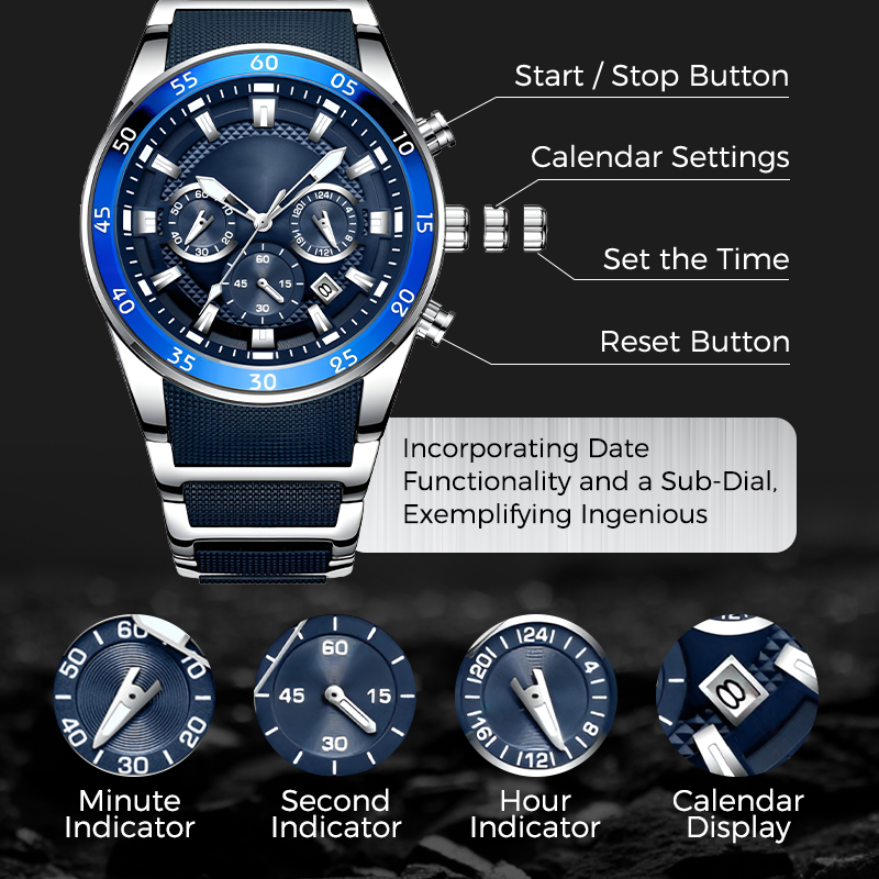Arenzza men's multifunction quartz watch with a sleek silver band and round dial, showcasing high-end jewelry accessories.