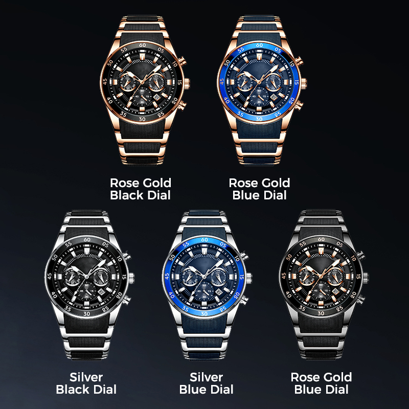 Arenzza men's high-end multifunction quartz watch with a sleek silver dial and stainless steel band, showcasing elegant jewelry accessories.