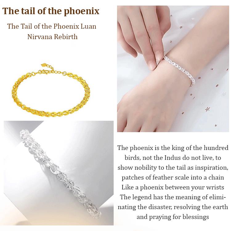 Arenzza Phoenix Tail Plume bracelet featuring vibrant feather accents and intricate silver chain jewelry accessory.