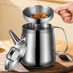 Arenzza stainless steel oil filter pot for kitchen use, durable and practical for filtering cooking oils in a modern kitchen setting.