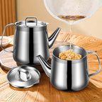 Arenzza stainless steel oil filter pot for kitchen use, durable and heat-resistant, with a lid and handle for filtering cooking oil.