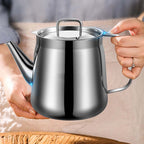 Arenzza stainless steel oil filter pot for kitchen use, sturdy and durable, with a handle and mesh filter for oil collection and filtering.