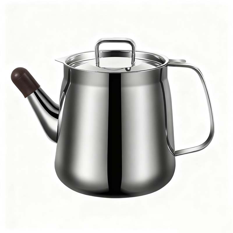Arenzza stainless steel oil filter pot for kitchen use, durable design with a handle and mesh filter for oil filtration.