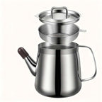 Arenzza stainless steel oil filter pot for kitchen use, featuring a durable design and metal handle for filtering cooking oil.
