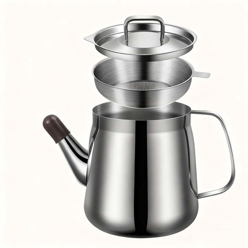 Arenzza stainless steel oil filter pot for kitchen use, featuring a durable design and metal handle for filtering cooking oil.
