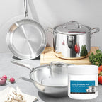 Arenzza powerful burnt residue remover paste for kitchen cookware, showing the paste applied to a dirty pot for cleaning.