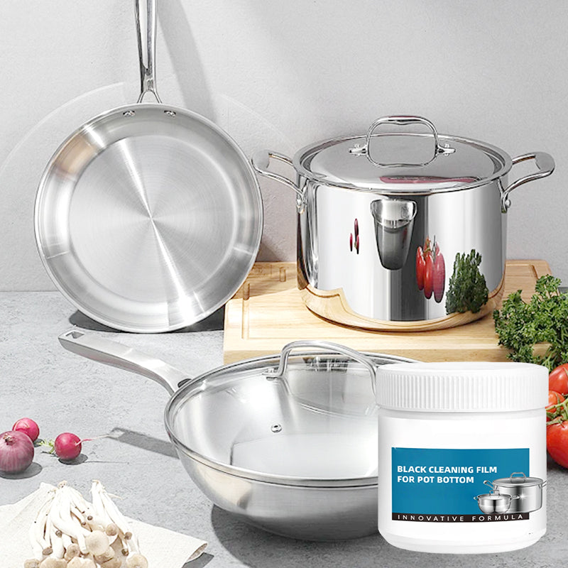 Arenzza powerful burnt residue remover paste for kitchen cookware, showing the paste applied to a dirty pot for cleaning.