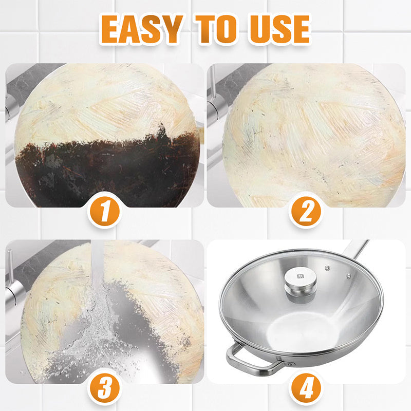 Arenzza kitchen Burnt Residue Remover Paste for cookware cleaning, showing the paste applicator and cleaned cookware surface.