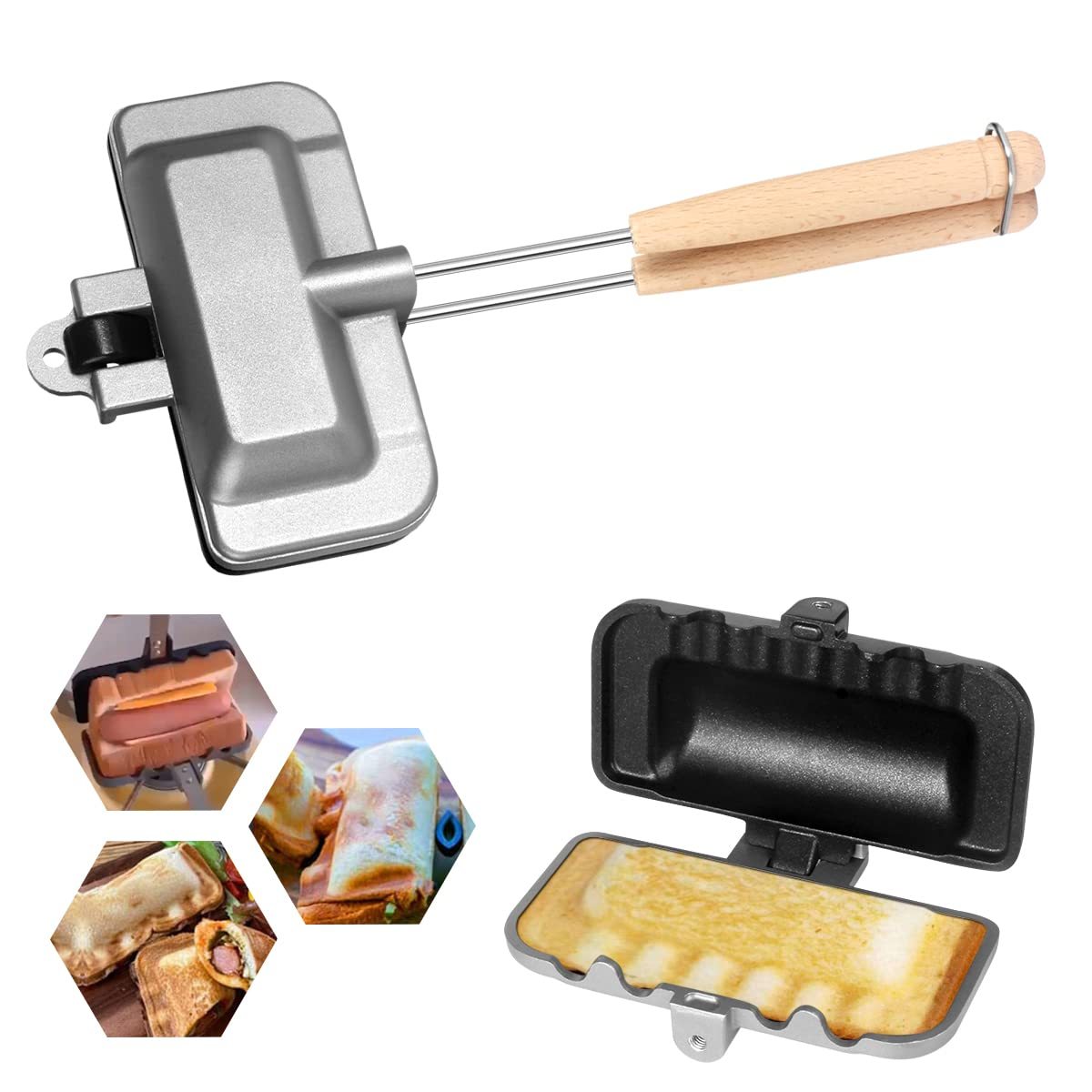 Arenzza removable sandwich pan for kitchen use, shown with a close-up of the non-stick surface and handle for easy cooking.