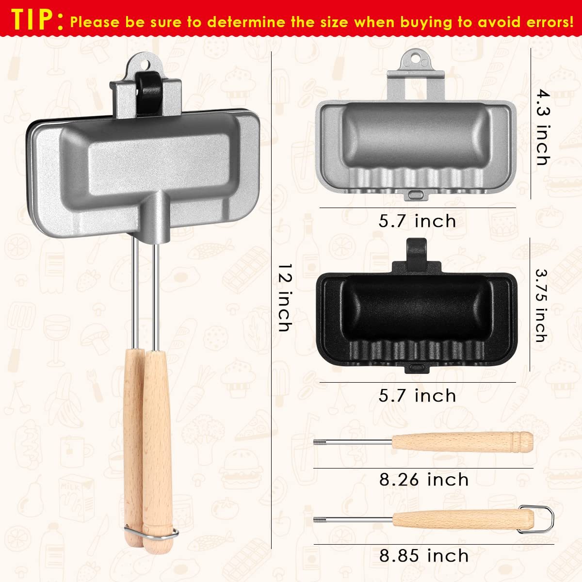 Arenzza removable sandwich pan for kitchen use, shown with a close-up of its non-stick surface and sturdy handles.