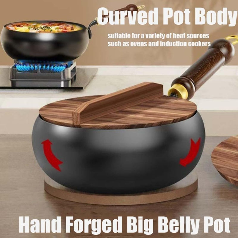 Aarenza uncoated thick iron pot with lid, used for cooking in a kitchen setting, showcasing its sturdy construction and handle details.