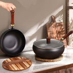 Arenzza uncoated thick iron kitchen pot with lid, showcasing a sturdy, rustic cookware piece ideal for versatile cooking.