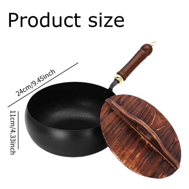 Aarenza uncoated thick iron kitchen pot with lid, showing a sturdy black cast iron cookware item on a kitchen surface.