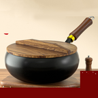Aarenzza uncoated thick iron kitchen pot with lid, showcasing a sturdy, black cast iron cooking vessel on a kitchen countertop.