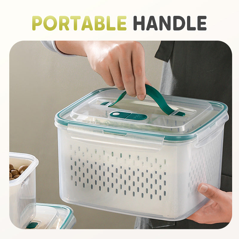Arenzza 2-in-1 food container with draining lid, airtight seal, and microwave-safe design for fresh storage in the kitchen.