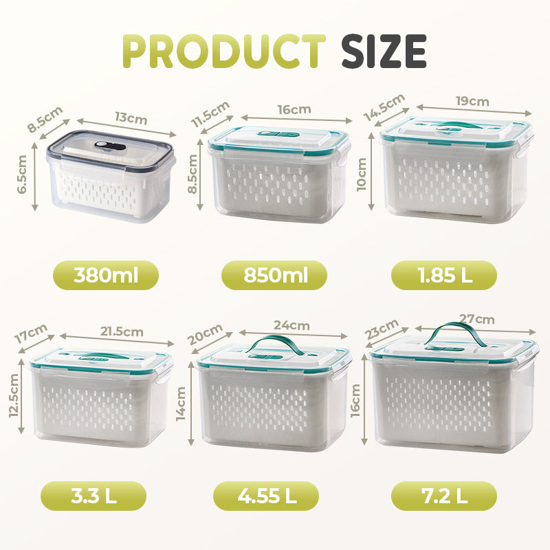 Arenzza 2-in-1 food container with lid, featuring drainage and fresh-keeping design, microwave safe and airtight for kitchen use.
