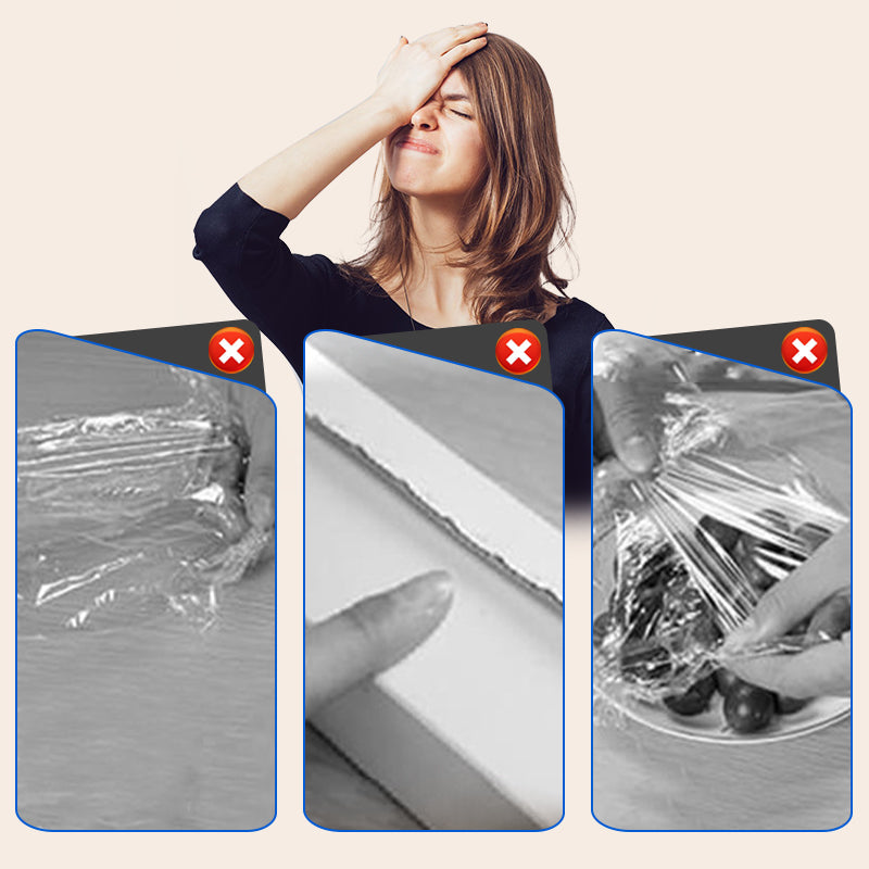 Arenzza easy-cut stretch clear food wrap in kitchen, showing the transparent, flexible plastic wrap ready for covering food containers.