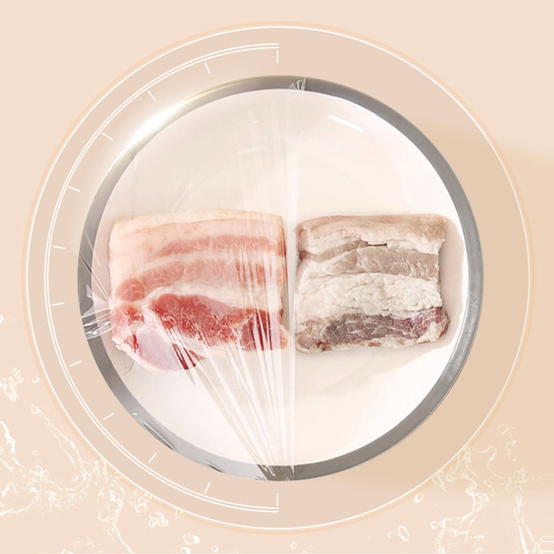 Arenzza Easy-Cut Stretch Clear Food Wrap in a kitchen setting, showing its transparent, flexible, and easy-to-use design for food storage.