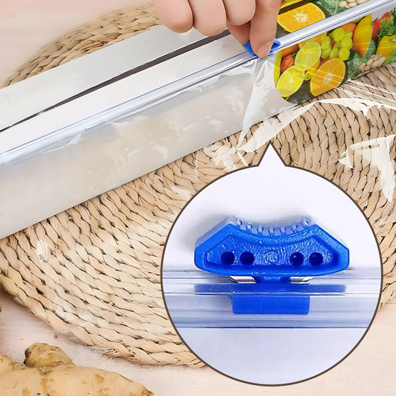 Arenzza Easy-Cut Stretch Clear Food Wrap in a kitchen setting, partially unrolled, showcasing its transparency and flexibility.