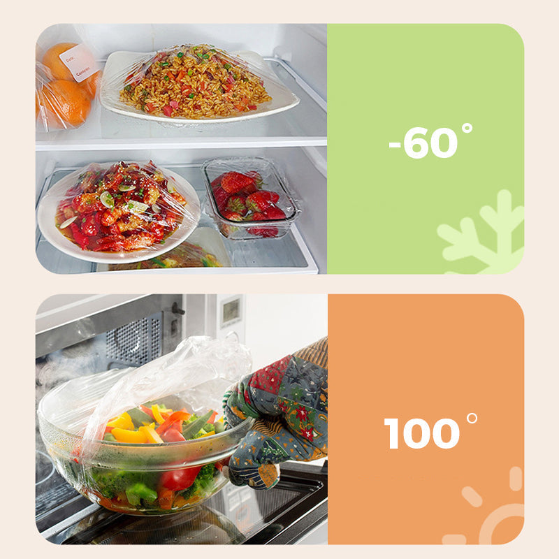 Arenzza Easy-Cut Stretch Clear Food Wrap in kitchen setting, showcasing its transparent, flexible material for food storage.