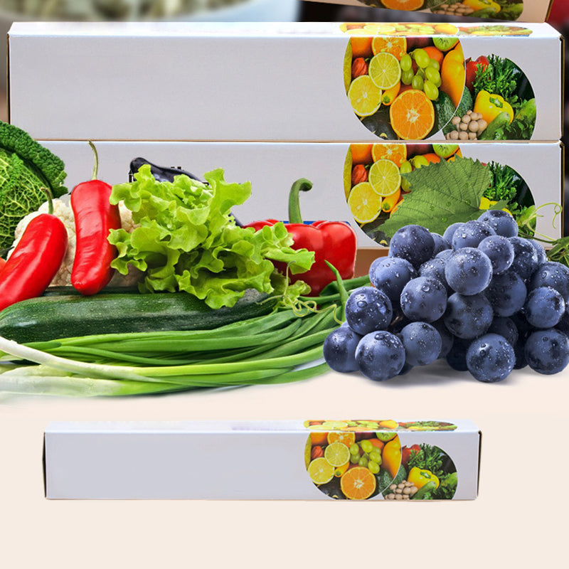 Arenzza Easy-Cut Stretch Clear Food Wrap in kitchen setting, showing the roll of transparent plastic food wrap for easy use.