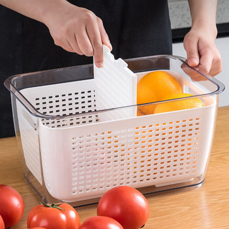 Arenzza kitchen vegetable and fruit storage container for fresh produce, with a clear lid and vented design for freshness.