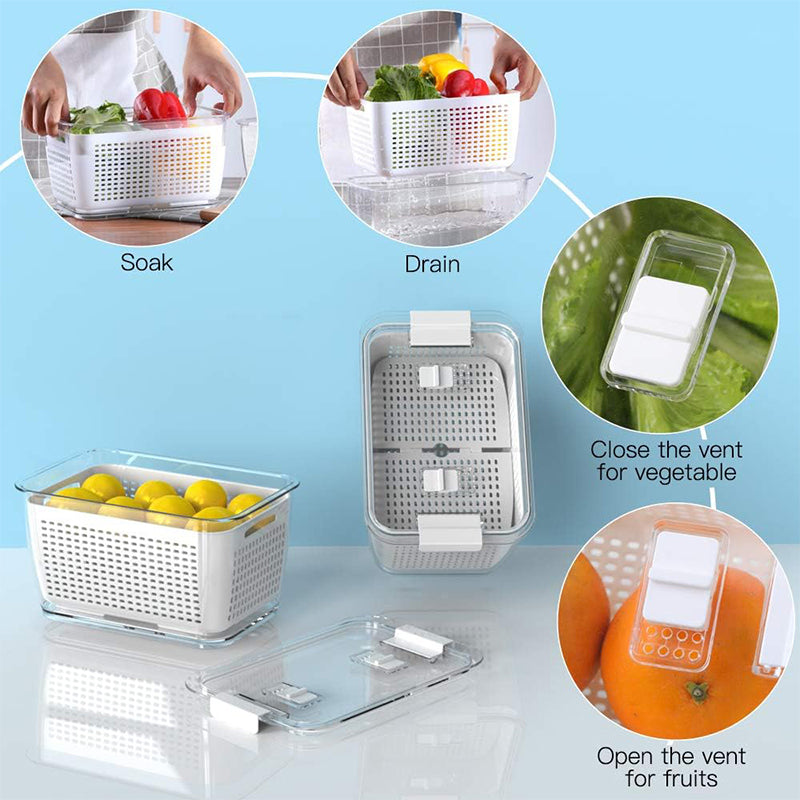 Arenzza kitchen vegetable and fruit storage container for fresh produce, with a clear plastic design showing fruits inside.