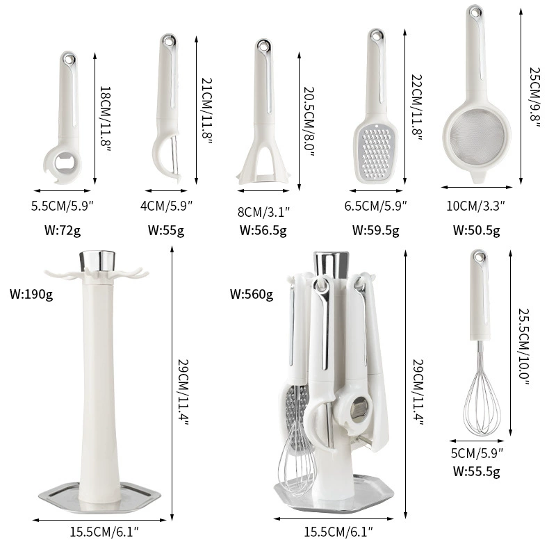 Aarenza 7-piece kitchen gadget set including spatulas, tongs, and spoons, all arranged on a countertop.