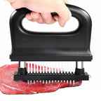 Arenzza meat tenderizer with 48 stainless steel blades, kitchen tool for softening meats in a compact design.