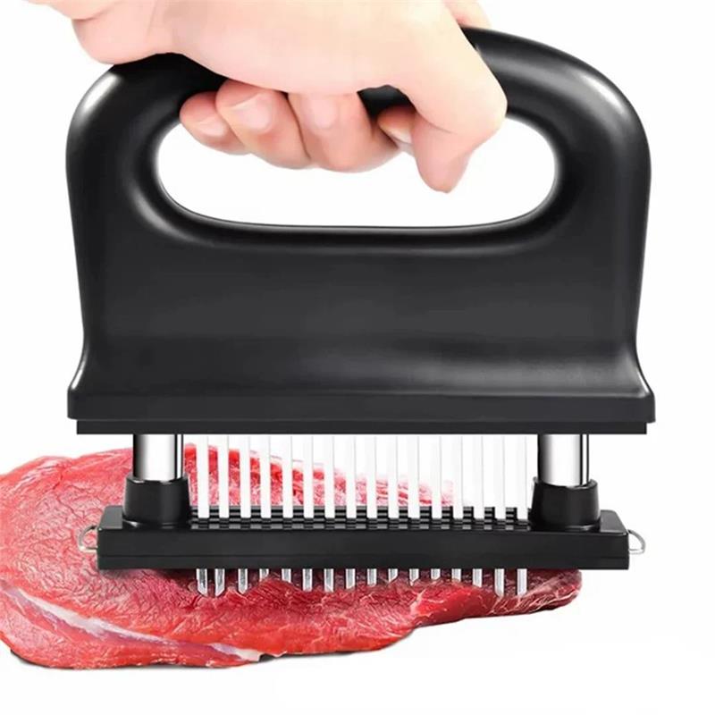 Arenzza meat tenderizer with 48 stainless steel blades, kitchen tool for softening meats in a compact design.