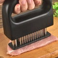 Arenzza kitchen meat tenderizer with 48 stainless steel blades, used for softening and preparing meats efficiently.