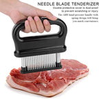Arenzza kitchen meat tenderizer with 48 stainless steel blades for tenderizing beef, chicken, and other meats.