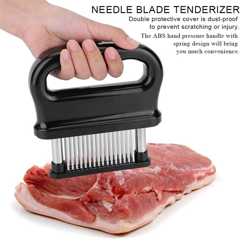 Arenzza kitchen meat tenderizer with 48 stainless steel blades for tenderizing beef, chicken, and other meats.
