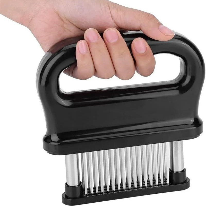 Arenzza meat tenderizer with 48 stainless steel blades for efficient meat softening, kitchen tool for tenderizing beef and poultry.