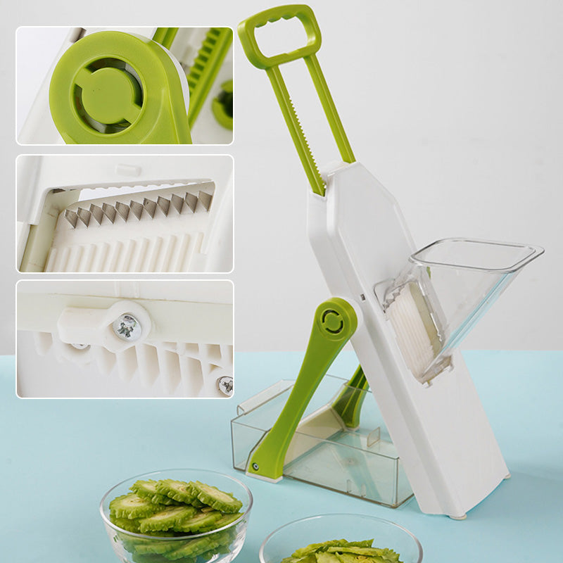 Arenzza multifunctional vegetable chopper with stainless steel blades and colorful container for easy vegetable slicing and dicing.