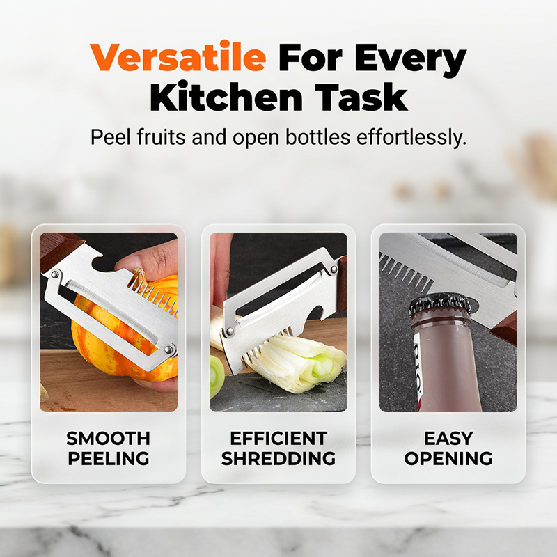 Arenzza 3-in-1 scallion shredder and peeler kitchen tool with stainless steel blades and ergonomic handle for efficient vegetable prep.