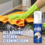 Arenzza heavy-duty kitchen foaming degreaser and cleaner being applied to a stovetop surface for grease removal.