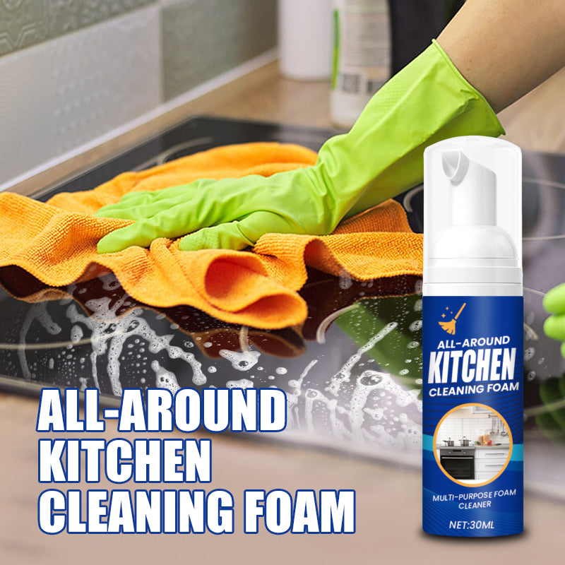 Arenzza heavy-duty kitchen foaming degreaser and cleaner being applied to a stovetop surface for grease removal.