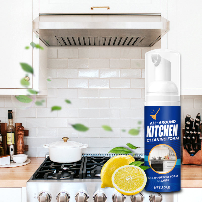 Arenzza heavy-duty kitchen foaming degreaser and cleaner spray applied to greasy kitchen surfaces for deep cleaning.