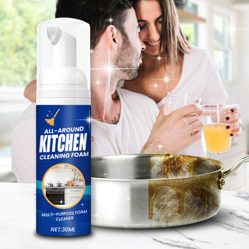 Arenzza heavy-duty kitchen foaming degreaser and cleaner bottle shown on a clean kitchen countertop with foam residue.