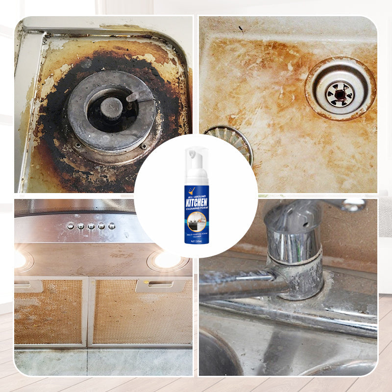 Arenzza heavy-duty kitchen foaming degreaser and cleaner spray bottle showing foam and kitchen surfaces.
