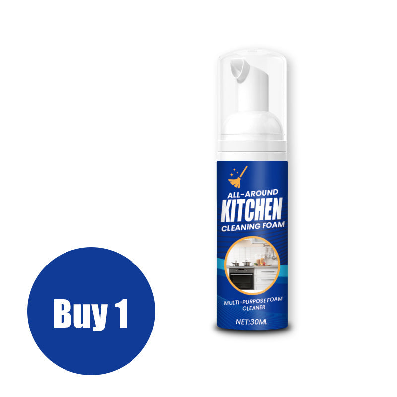 Arenzza heavy-duty kitchen foaming degreaser and cleaner spray on a stainless steel surface, showing foam and cleaning action.