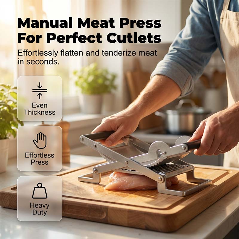 Arenzza K-MONT Schnitzelmaschine Fleischpresse kitchen tool for pressing meat, with a sturdy handle and metal construction.